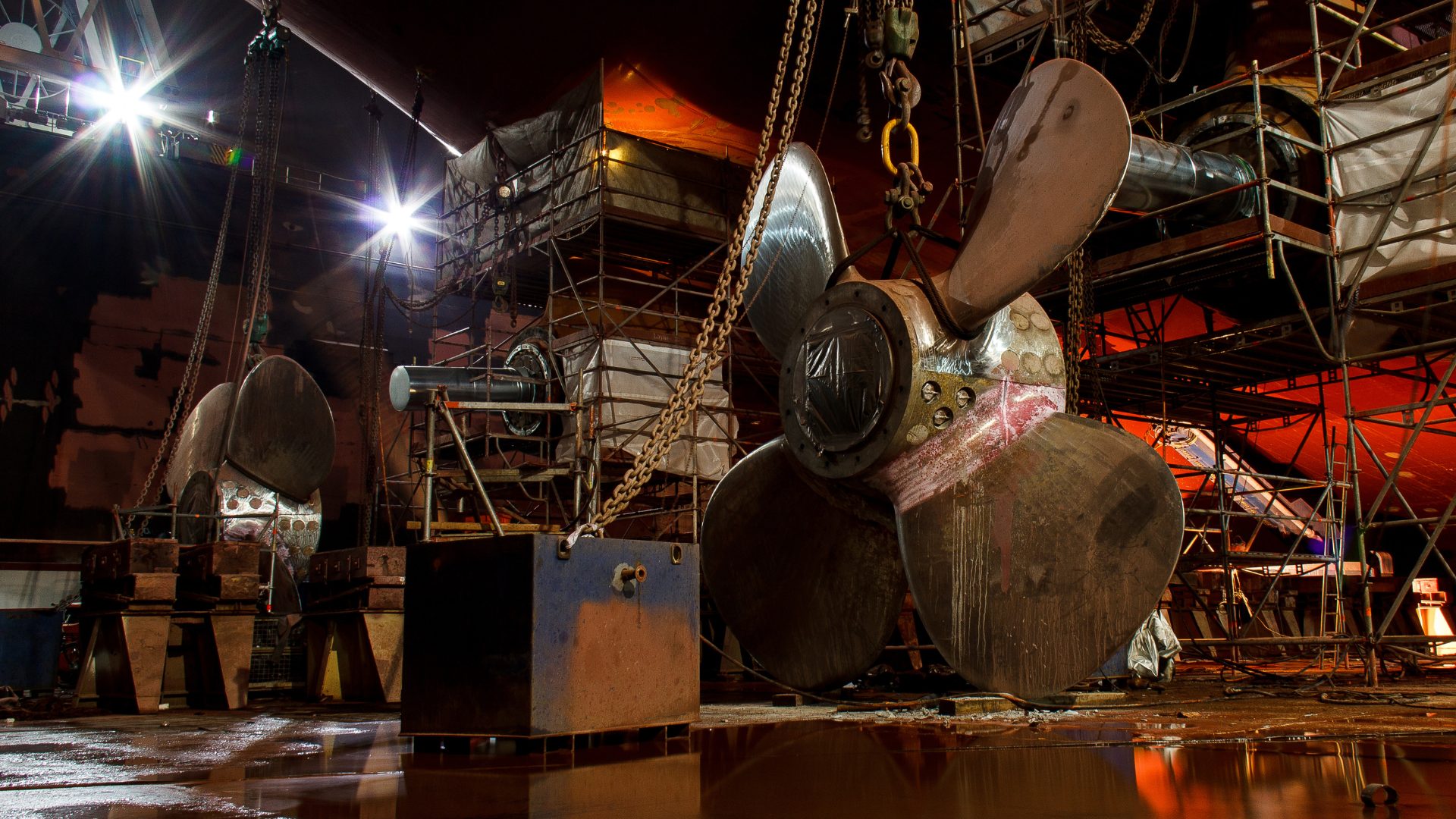 Propellers and shafting under the hull